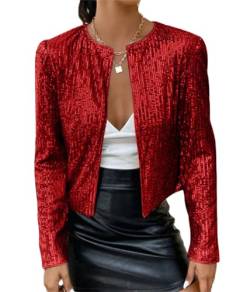 Tomwell Damen Glänzend Pailletten Jacke Cardigan Langarm Lässige Tops Kurz Oberteile Eleganter Blazer Glitzer Party Stehkragen Business Anzugjacke Clubwear A Rot S von Tomwell