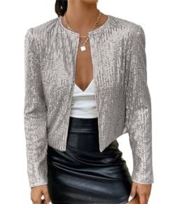 Tomwell Damen Glänzend Pailletten Jacke Cardigan Langarm Lässige Tops Kurz Oberteile Eleganter Blazer Glitzer Party Stehkragen Business Anzugjacke Clubwear A Silber L von Tomwell