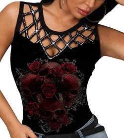 Tomwell Damen Halloween Übergroßes Modisches Racer Top mit Schrägen Schultern und Totenkopf Print Cooles T-Shirt Sommer Shirt Oberteile Frauen Kleidung Frau Crop Top Klamotten B Schwarz XL von Tomwell