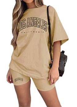 Tomwell Damen Hausanzug Rundhals Mode 2 Teile Sommer Buchstaben Druck Kurzarm Oberteile Frau Lose Teenager Mädchen Oversized Sport T-Shirt + Radlerhose Shorts Jogginganzug A Khaki L von Tomwell