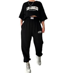 Tomwell Damen Hausanzug Rundhals Sportanzug Mode 2 Teile Sommer Buchstaben Druck Kurzarm Oberteile Frau Lose Jogginganzug Oversized Sport T-Shirt + Jogginghose für Yoga Gym A Schwarz XXL von Tomwell