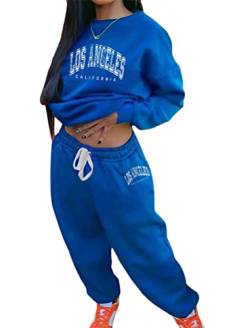 Tomwell Damen Hausanzug Rundhals Sportanzug Set Mode 2 Teile Herbst Druck Langarm Trainingsanzug Frau Lose Jogginganzug Freizeitanzug Sweatshirt Jogginghose für Yoga Gym A Blau S von Tomwell