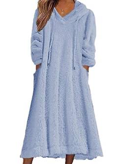 Tomwell Damen Herbst/Winter Kleid Lose Plüsch Kapuzenkleid Langes Kleid Fleece Langarm Pullover Casual Pyjama Kleid mit Taschen A Blau M von Tomwell