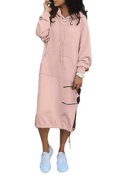 Tomwell Damen Hoodie Kleid Oversize Pullover Mit Kapuze Sweatshirtkleid Lang Maxi Winter Herbst Mini Kleid Z1 Rosa XXL von Tomwell