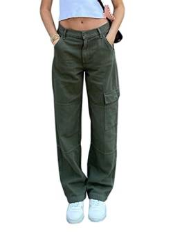 Tomwell Damen Jeans Hose mit hoher Taille Y2K Style Harajuku E-Girl Streetwear Hose Casual Pants Slim Vintage Flare Denim Hose C Armeegrün XS von Tomwell