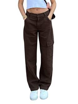 Tomwell Damen Jeans Hose mit hoher Taille Y2K Style Harajuku E-Girl Streetwear Hose Casual Pants Slim Vintage Flare Denim Hose C Braun S von Tomwell