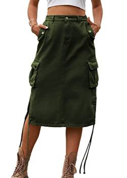 Tomwell Damen Jeansrock Knielang Vintage Freizeit Mittellanger Rock Sommer Einfarbig Mode Denim Midirock B Armeegrün XL von Tomwell