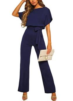 Tomwell Damen Jumpsuit, Sommer Elegant Einfarbiger Spitze Schlanker Gürtel Einteiliger Heimoverall Lässigen Lang Jumpsuit Overall Hosenanzug Playsuit Romper Dunkelblau L von Tomwell