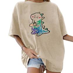 Tomwell Damen Kawaii T-Shirt Kurzarm Sport Sommer Rundhals Oversize Oberteile mit Dinosaurier Muster Druck Sweatshirt Lose Bluse Pullover Tunika Lang Teenager Mädchen Top A Aprikose XXL von Tomwell