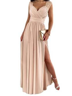 Tomwell Damen Kleid mit Schlitz V-Ausschnitt Langarm Elegant Hohe Taille Cocktailkleid Einfarbig Hochzeit Brautjungfernkleid Lang Partykleid von Tomwell