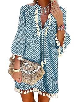 Tomwell Damen Kleider Strand Elegant Casual A-Linie Kleid Quaste Spitze Langarm Sommerkleider Boho V-Ausschnitt Quaste Tunika Mini Kleider Vintage Minikleid Strandkleid A Blau XS von Tomwell