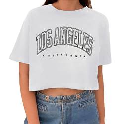 Tomwell Damen Kurzarm Crop Top Shirt Bauchfrei Sportshirt Sommer Kurzarm Grafikdruck Shirt Tunika Lose Rundhals Crop Tshirt Frauen Bluse Oberteile für Teen Girls Sommer A Weiß XS von Tomwell