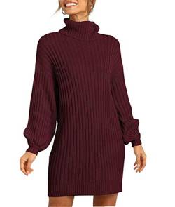 Tomwell Damen Langarm Minikleid Kariertes Kleid Rollkragen Strickkleid A-Linie Sweater Herbstkleid Lose Kleider Pullover Kleid Für Winter Herbst Weinrot L von Tomwell