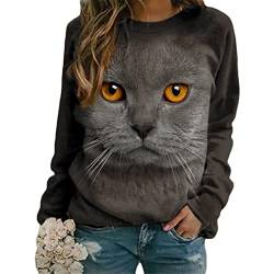 Tomwell Damen Langarmshirt Süße Katze Tier Drucken 3D Druck Katzen-Muster Gestreift Rundhals Lange Pulli Herbst Kapuzenpullover Tshirt Herbst Shirts Hemd Rundhals Pullover Y Stil-1 S von Tomwell