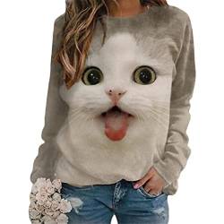 Tomwell Damen Langarmshirt Süße Katze Tier Drucken 3D Druck Katzen-Muster Gestreift Rundhals Lange Pulli Herbst Kapuzenpullover Tshirt Herbst Shirts Hemd Rundhals Pullover Y Stil-5 S von Tomwell