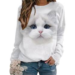 Tomwell Damen Langarmshirt Süße Katze Tier Drucken 3D Druck Katzen-Muster Gestreift Rundhals Lange Pulli Herbst Kapuzenpullover Tshirt Herbst Shirts Hemd Rundhals Pullover Y Stil-6 XXL von Tomwell