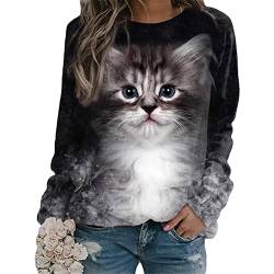 Tomwell Damen Langarmshirt Süße Katze Tier Drucken 3D Druck Katzen-Muster Gestreift Rundhals Lange Pulli Herbst Kapuzenpullover Tshirt Herbst Shirts Hemd Rundhals Pullover Y Stil-8 M von Tomwell