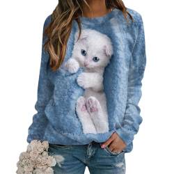 Tomwell Damen Langarmshirt Süße Katze Tier Drucken 3D Druck Katzen-Muster Gestreift Rundhals Lange Pulli Herbst Kapuzenpullover Tshirt Herbst Shirts Hemd Rundhals Pullover Z1 Blau L von Tomwell