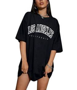 Tomwell Damen Langes T-Shirt mit Buchstaben Grafik Kurzarm Sport Sommer Rundhals Oversize Oberteile Sweatshirt Lose Bluse Tunika Lang für Teenager Mädchen Top A Schwarz XXL von Tomwell