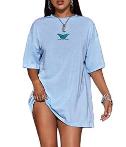 Tomwell Damen Langes T-Shirt mit Buchstaben Grafik Kurzarm Sport Sommer Rundhals Oversize Oberteile Sweatshirt Lose Bluse Tunika Lang für Teenager Mädchen Top C Blau L von Tomwell