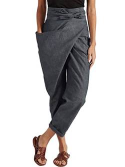 Tomwell Damen Leichte 7/8 Haremshose Mit Taschen Elegant Pumphose Hose mit Gürtel Freizeithose Sommerhose Hose Strand Hose A Grau XXL von Tomwell