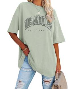 Tomwell Damen Los Angeles Brief T-Shirt Kurzarm Sport Sommer Rundhals Oversize Oberteile mit Buchstaben Druck Lose Bluse Vintage Tunika Lang für Teen Girls Top C Hellgrün S von Tomwell