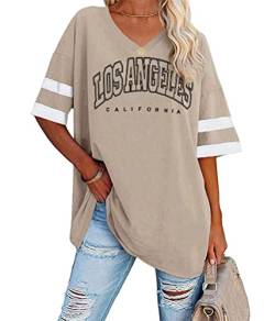 Tomwell Damen Los Angeles Brief T-Shirt mit V-Ausschnitt Kurzarm Sport Sommer Rundhals Oversized Oberteile Drucken Sweatshirt Lose Bluse Tunika Lang für Teen Girls Top B Khaki XXL von Tomwell