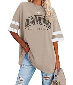 Tomwell Damen Los Angeles Brief T-Shirt mit V-Ausschnitt Kurzarm Sport Sommer Rundhals Oversized Oberteile Drucken Sweatshirt Lose Bluse Tunika Lang für Teen Girls Top C Khaki XXL von Tomwell