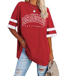 Tomwell Damen Los Angeles Brief T-Shirt mit V-Ausschnitt Kurzarm Sport Sommer Rundhals Oversized Oberteile Drucken Sweatshirt Lose Bluse Tunika Lang für Teen Girls Top C Rot M von Tomwell