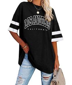 Tomwell Damen Los Angeles Brief T-Shirt mit V-Ausschnitt Kurzarm Sport Sommer Rundhals Oversized Oberteile Drucken Sweatshirt Lose Bluse Tunika Lang für Teen Girls Top C Schwarz XXL von Tomwell