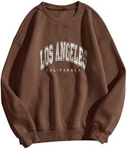 Tomwell Damen Los Angeles Sweatshirt Langarm Rundhals Pullover Warm Pulli Oversized Damen Ohne Kapuze Teenager Mädchen Vintage Pullover Oberteile Y2k Top A Braun S von Tomwell