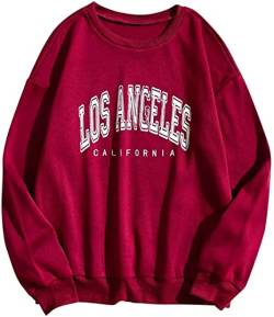 Tomwell Damen Los Angeles Sweatshirt Langarm Rundhals Pullover Warm Pulli Oversized Damen Ohne Kapuze Teenager Mädchen Vintage Pullover Oberteile Y2k Top A Weinrot XS von Tomwell