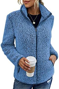 Tomwell Damen Mantel Plüschjacke Teddy-Fleece Casual Wintermantel Lange Ärmel Einfarbig Outwear mit ​Taschen Winterjacke A Blau L von Tomwell