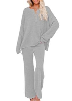 Tomwell Damen Mode Gestrickte Zweiteiler Outfits Pullover Sets Strickpullover Tops und Hosen Sets Casual Loungewear Set Einfarbig 2 Stück Set Freizeitanzug Outfits A Grau S von Tomwell