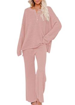 Tomwell Damen Mode Gestrickte Zweiteiler Outfits Pullover Sets Strickpullover Tops und Hosen Sets Casual Loungewear Set Einfarbig 2 Stück Set Freizeitanzug Outfits A Rosa L von Tomwell