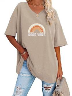 Tomwell Damen Oversize Kurzarm T Shirt mit V-Ausschnitt Casual Lockere Basic Sommer Tops Halbarm Tunika Tee Shirts Frauen Good Vibes Gedruckt Lässig Oberteile Bluse C Khaki L von Tomwell