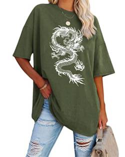 Tomwell Damen Oversized T-Shirt Kurzarm Tops Sport Sommer Rundhals Oberteile mit Drachen & Schmetterling Grafikdruck Lose Bluse Übergroße Streetwear für Teen Girls A Armeegrün XS von Tomwell