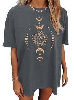 Tomwell Damen Oversized T-Shirt Sommer Kurzarm Vintage Sterne Sonne Mond Motiv Grafikdruck Shirt Lose Rundhals Oberteile Pullover Sweatshirt für Teenager Mädchen Tunika Tops Lang P5 Dunkelgrau XL von Tomwell