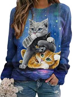 Tomwell Damen Pullover Katze Bedrucktes Rundhals Jumpers Sweatshirt Vintage Langarmshirt Oversized Langarm Oberteile Mode Freizeit Sweater Pulli Lässige Retro Blusen Stil-12 L von Tomwell