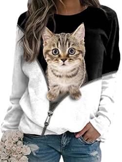 Tomwell Damen Pullover Katze Bedrucktes Rundhals Jumpers Sweatshirt Vintage Langarmshirt Oversized Langarm Oberteile Mode Freizeit Sweater Pulli Lässige Retro Blusen Stil-5 XXL von Tomwell