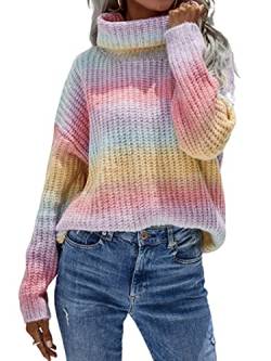 Tomwell Damen Pullover Y2K Fashion Knit Sweater Regenbogen Colorblock Rollkragenpullover Stehkragen Oversize Pulli Langarm Strickpullover Loose Tops Sweatshirts A Rosa L von Tomwell