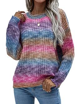 Tomwell Damen Pullover Y2K Fashion Knit Sweater Regenbogen Colorblock Rollkragenpullover Stehkragen Oversize Pulli Langarm Strickpullover Loose Tops Sweatshirts B Violett S von Tomwell