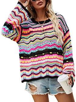 Tomwell Damen Pullover Y2K Fashion Knit Sweater Regenbogen Colorblock Rollkragenpullover Stehkragen Oversize Pulli Langarm Strickpullover Loose Tops Sweatshirts C Schwarz L von Tomwell