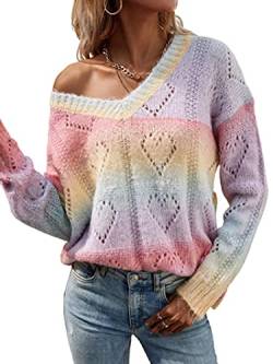 Tomwell Damen Pullover Y2K Fashion Knit Sweater Regenbogen Colorblock Rollkragenpullover Stehkragen Oversize Pulli Langarm Strickpullover Loose Tops Sweatshirts D Rosa XL von Tomwell