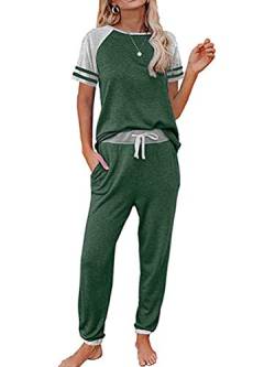 Tomwell Damen Pyjama Set Schlafanzug Langarm und Kurzarm Nachtwäsche Zweiteiliger Lang Hose und Tops Weich Damen Lounge Sets Grün L von Tomwell