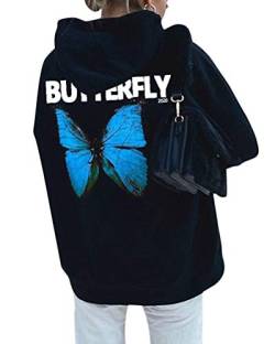 Tomwell Damen Schmetterling Druck Kapuzenpullover Langarm Pullover Pulli Hoodie Sweatshirt mit Kapuze Tasche Sweater Jacke, Mantel Kapuzenpullover mit Tasche C Blau M von Tomwell