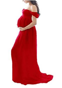 Tomwell Damen Schwangerschaftskleid Split Bodenlanges Kleid Einfarbig Elegant Fotoshooting Umstandskleider Maternity Chiffonkleid Maxi Schwangere Fotografie Kleid A Rot XL von Tomwell