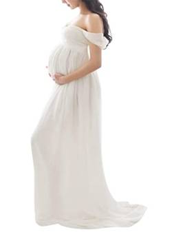 Tomwell Damen Schwangerschaftskleid Split Bodenlanges Kleid Einfarbig Elegant Fotoshooting Umstandskleider Maternity Chiffonkleid Maxi Schwangere Fotografie Kleid A Weiß M von Tomwell