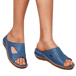 Tomwell Damen Slippers Freizeit Sandalen mit Absatz Plateau Pantoletten Leder Sommer Hausschuhe Sandalen Open Toe Schlappen Sommerschuhe Leicht Bequem Strandsandalen A Blau 37 EU von Tomwell