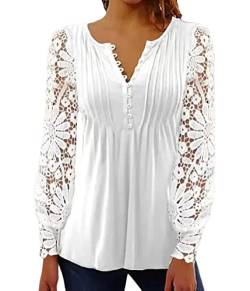 Tomwell Damen Spitzen Shirt Sexy Transparent Netz Top Rundhals Mode Langarm Blumenstickerei Oberseite Frauen Bluse A Weiß L von Tomwell